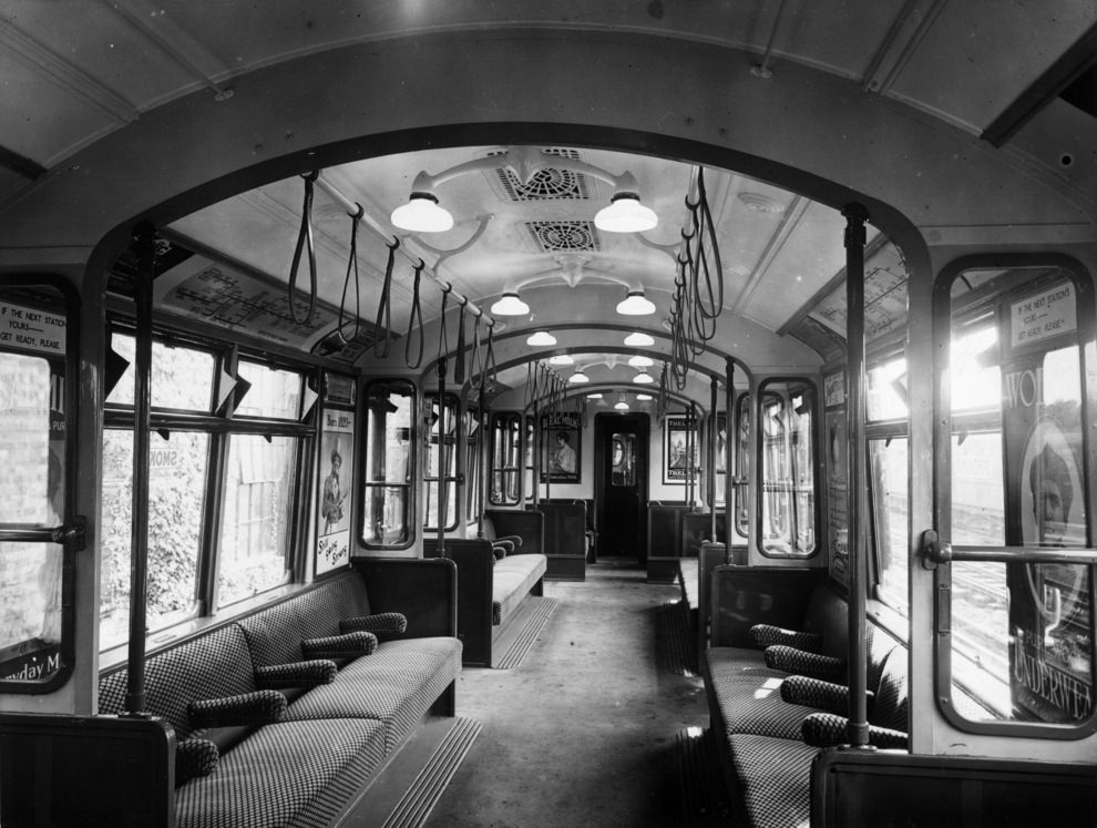 Interior of an all-steel London underground train, ca. 1920.