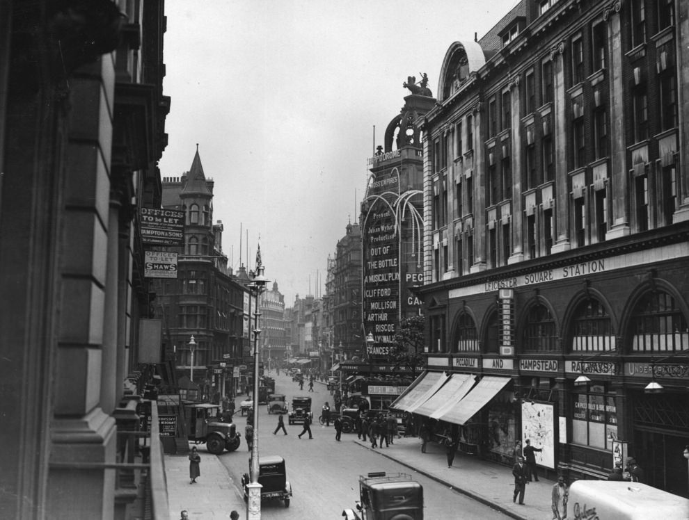 London’s Charing Cross Road with the Hippodrome and Leicester Square station on the left, 1938.