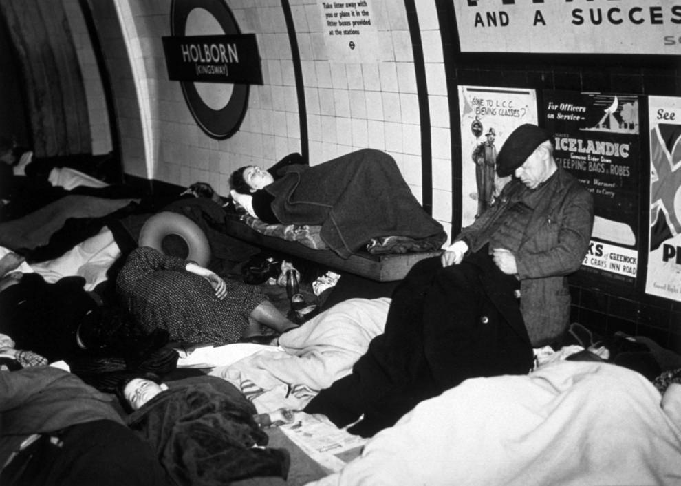 People asleep on the platform of Holborn underground station during an air raid, 1940.