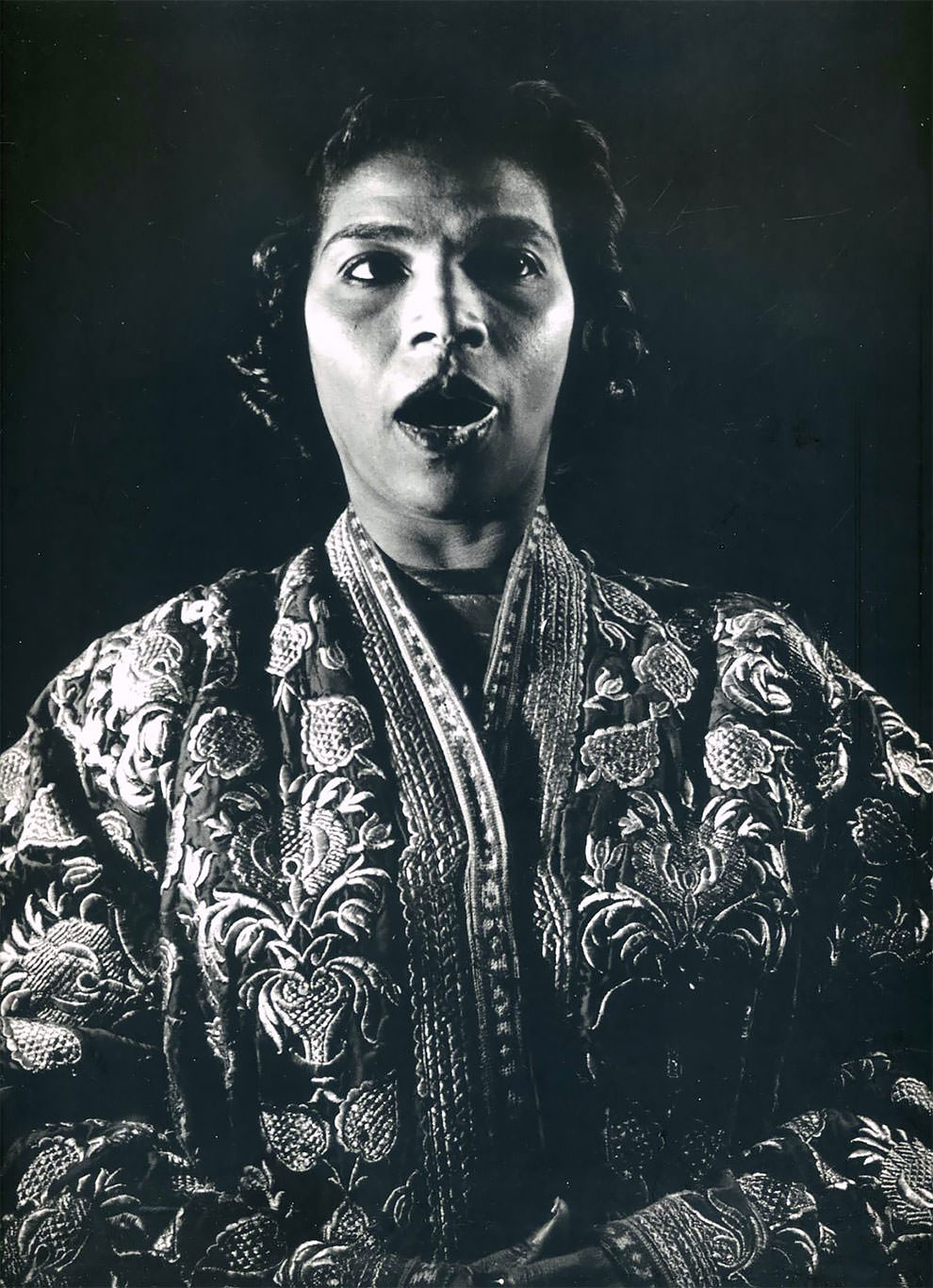 American singer of classical music, Marian Anderson sings spirituals. USA, 1945.