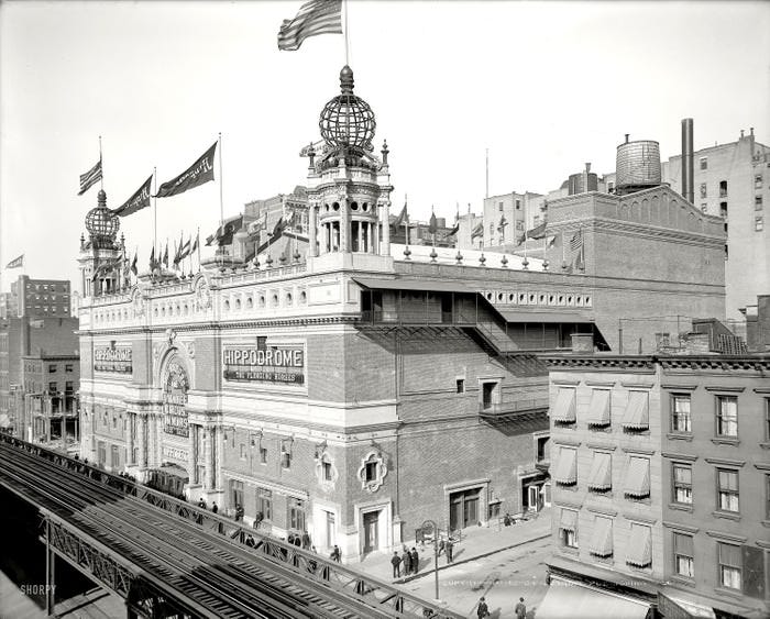 The Hippodrome stood on 6th Avenue between 43rd and 44th Streets from 1905 to 1939. It was one of the largest theaters of its time, with a seating capacity of 5,200.