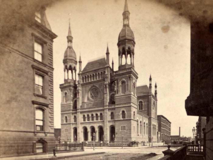 In 1867, Congregation Emanu-El constructed a temple at 43rd Street and Fifth Avenue. It was sold to the Durst family in 1926 and demolished to make way for commercial development a year later.