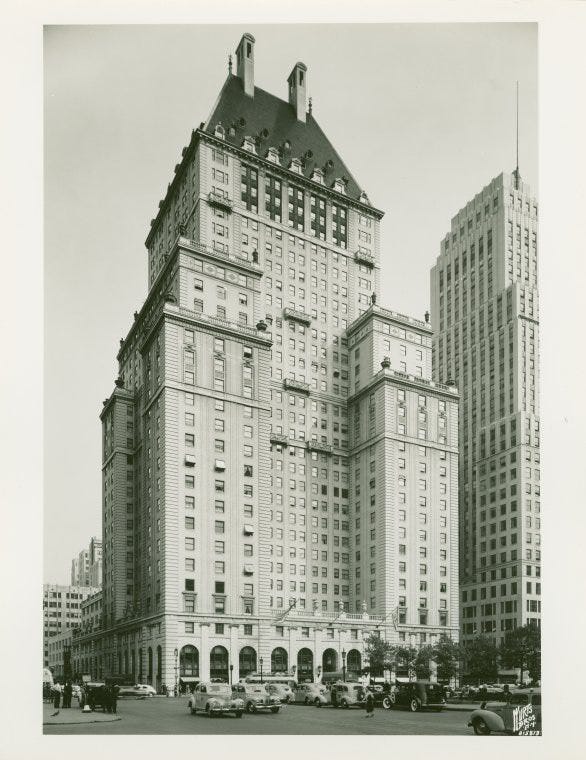 The Savoy-Plaza Hotel was constructed in 1927 on 5th Avenue between 58th and 59th Streets. In 1964 it was torn down.