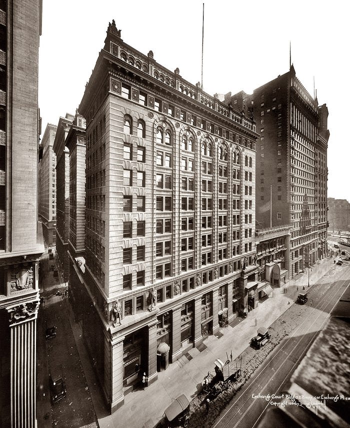 The Exchange Court Building in lower Manhattan was erected in 1898. In 1980 it was converted to a modern office building.