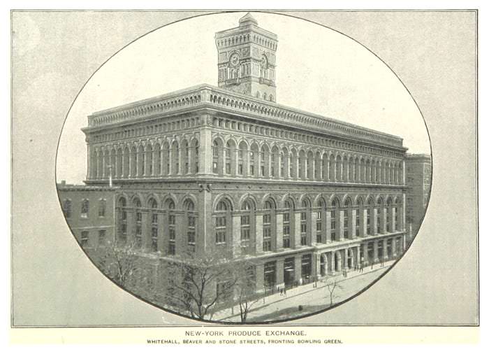Construction of the New York Produce Exchange Building began in 1881 to replace an older produce exchange. The newer building was then demolished in 1957.
