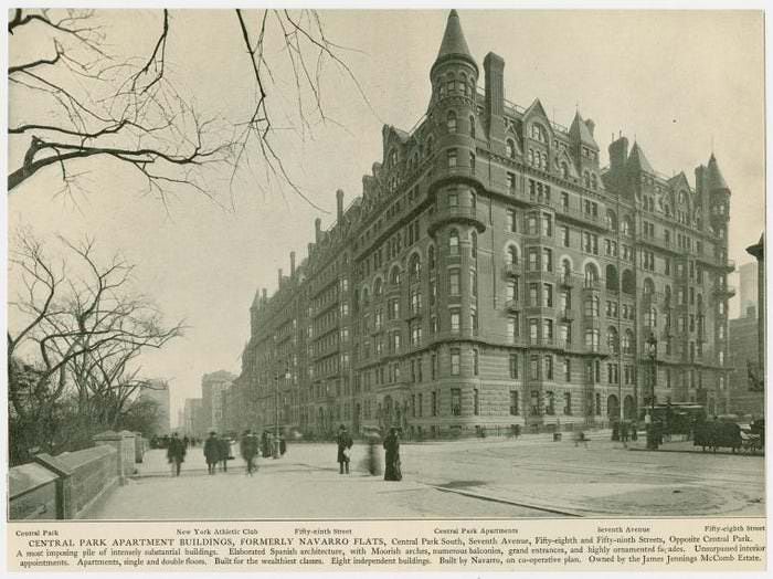 The ornate Navarro Flats, a luxury apartment building, were on Central Park South in 1882. In 1926 the building was sold and a number of businesses took its place.