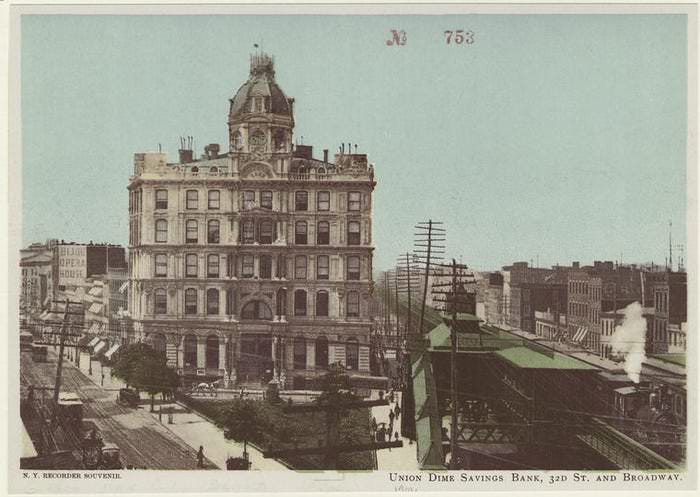 The Union Dime Savings Bank building first opened in 1906 near Bryant Park. It was demolished in 1956.