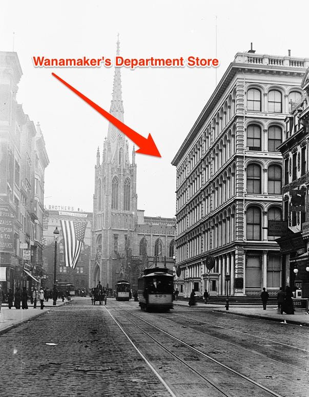 Wanamaker's was a popular department store on Broadway and Ninth Street in the early 1900s. It caught fire and was demolished in 1956.