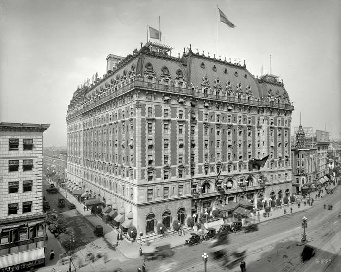 The Hotel Astor was built in 1904 at Broadway and 44th Street. It was demolished in 1967 and is now occupied by a high rise.