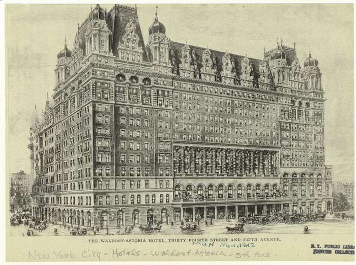 The original Waldorf-Astoria Hotel opened in 1897, combining the Astor and Waldorf Hotels. It was destroyed in 1929 to make way for the Empire State Building and the hotel moved to 301 Park Ave.