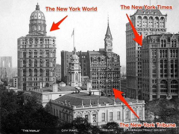 The New York World, New-York Tribune, and New York Times were all located on "Newspaper Row" near City Hall. The World and Tribune buildings were demolished in 1955 and 1966, respectively; the Times building still stands (though it's no longer home to the newspaper).