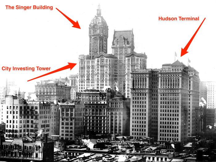 Located near the Singer Building, the City Investing Tower was an oddly shaped tower that was razed in 1986. Hudson Terminal, a rail station, was built in 1909, closed in 1971, and later demolished.