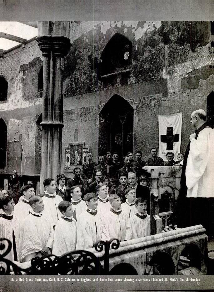 On a Red Cross Christmas Card, U.S. Soldiers in England sent home this scene showing a service at bombed St. Mark's Church, London. Dec. 28, 1942s