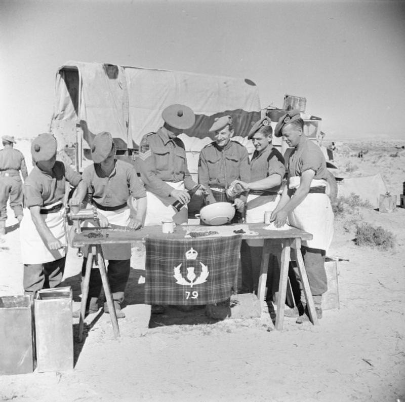 Scots preparing Christmas pudding in the Western Sahara, 1942.