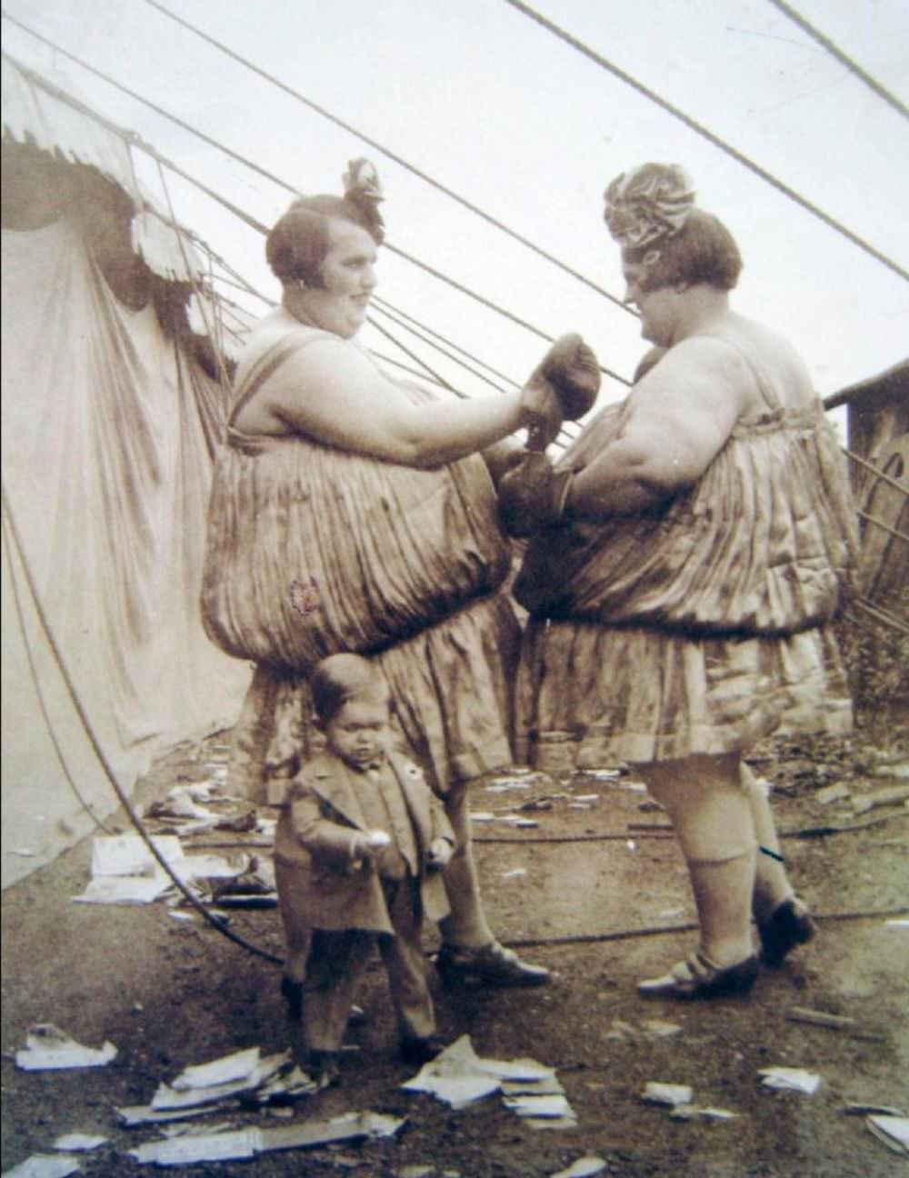 The Carlson Sisters, pictured above, were part of a touring side show circus act, where they would put on a performance as 'fat twins' and would box for paying customers, circa 1925, USA.