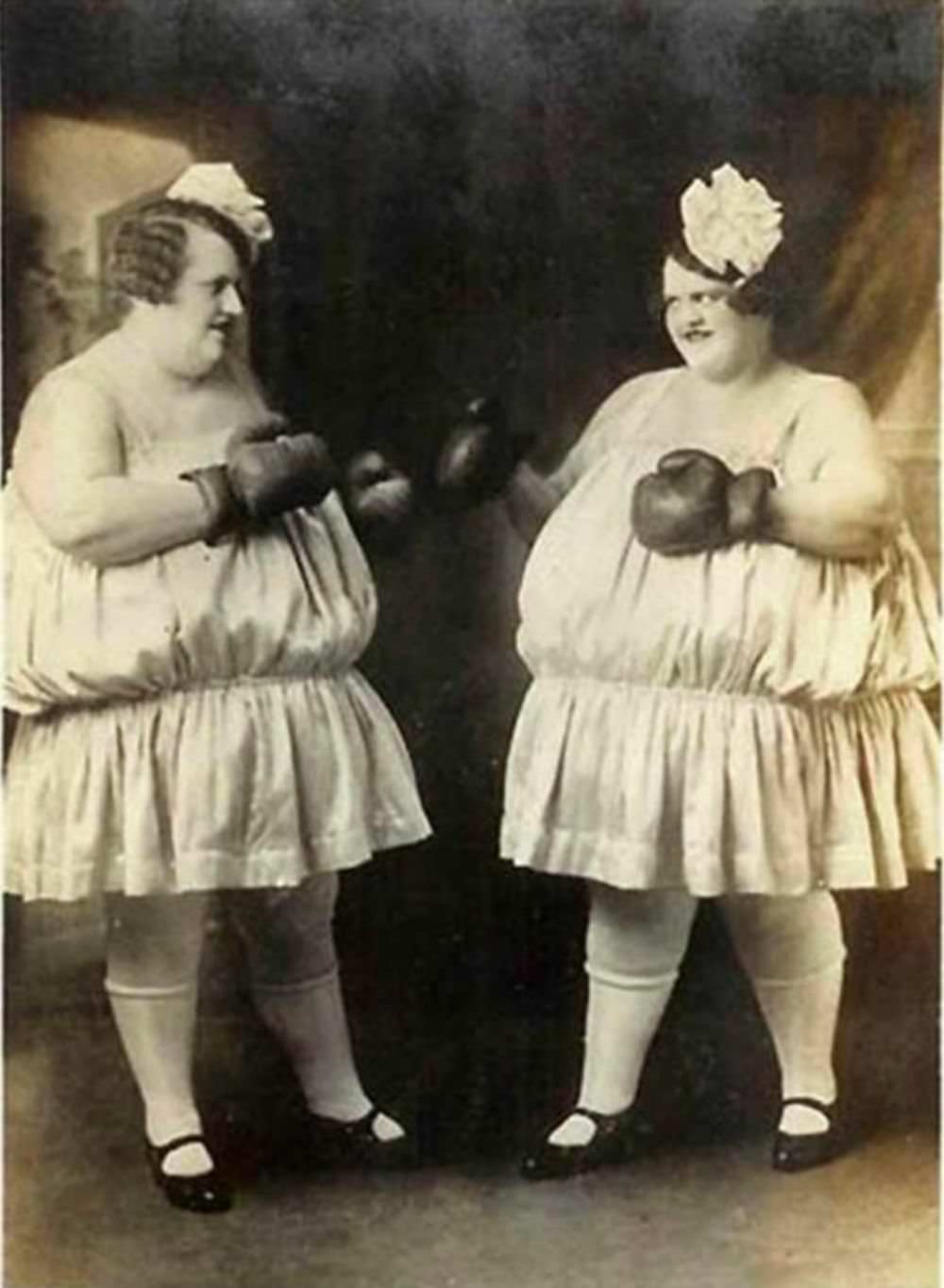 The Carlson sisters, known as the Wrestling Fat Girls, they would put on a boxing match for paying customers, circa 1925.