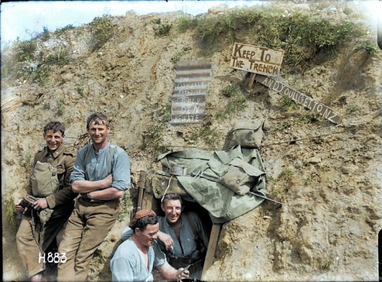 New Zealand troops on the Western front laughing and smiling in a trench.