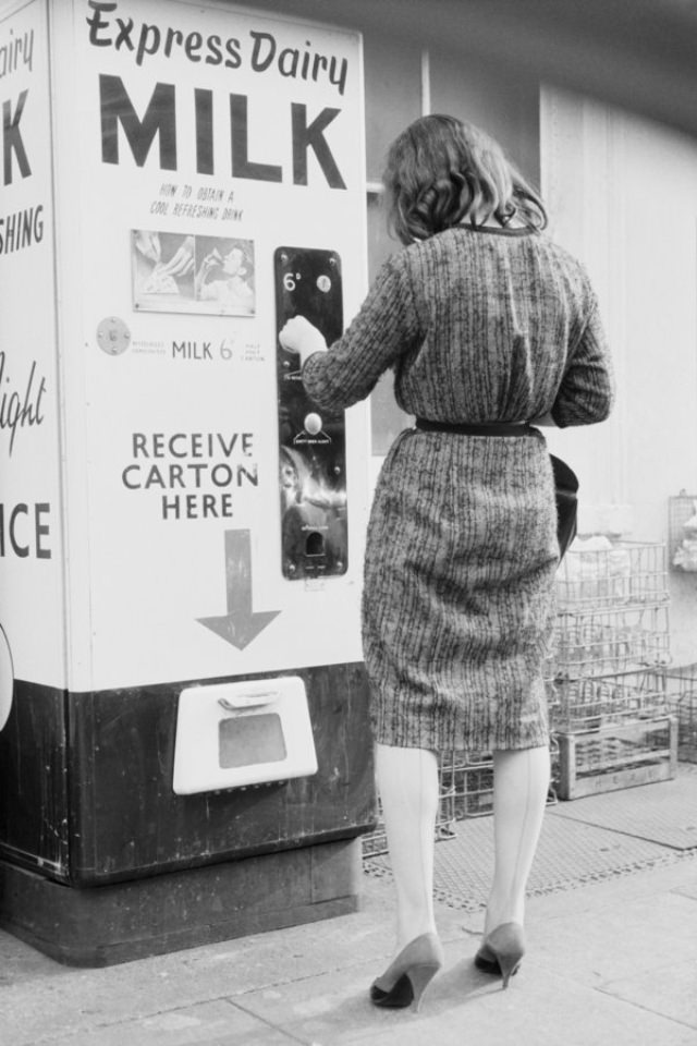 Milk vending machine in U.K. from circa 1960.