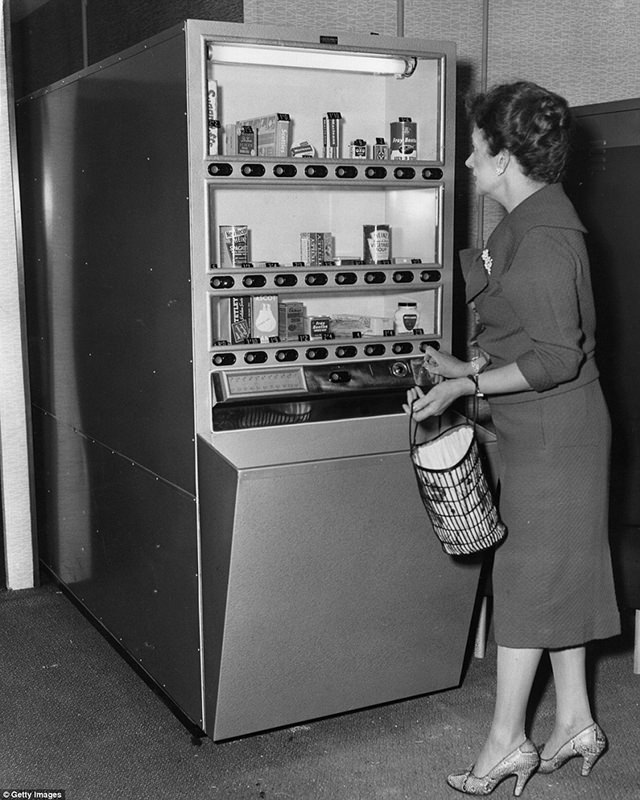 A woman buying a soda and another dispensing a pint of beer, ca. 1960s