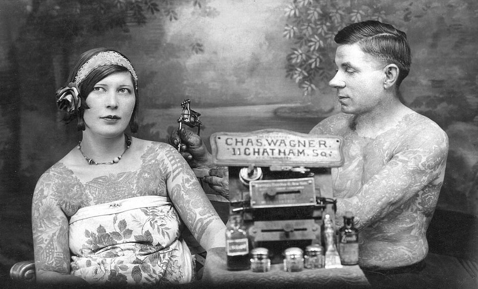 This woman seen being inked by legendary Bowery tattooist Charlie Wagner, ca. 1920s.