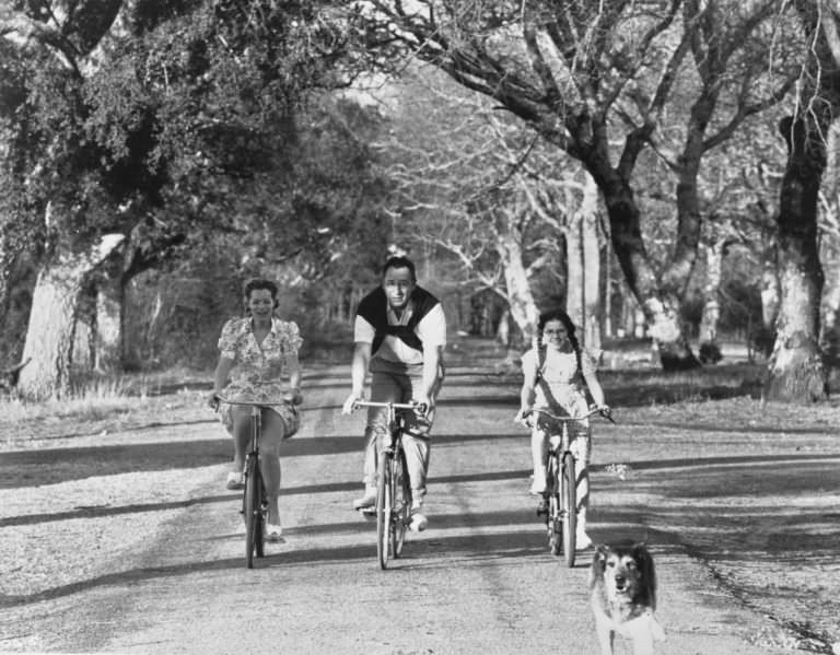 Romy Schneider, Philippe Noiret and Catherine Delaporte riding bikes.