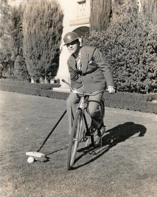William Gargan riding a bike — and playing polo with a broom, 1942