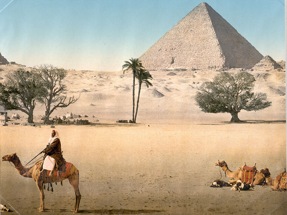 Resting Bedouins and the Grand Pyramid, Cairo, 1890s