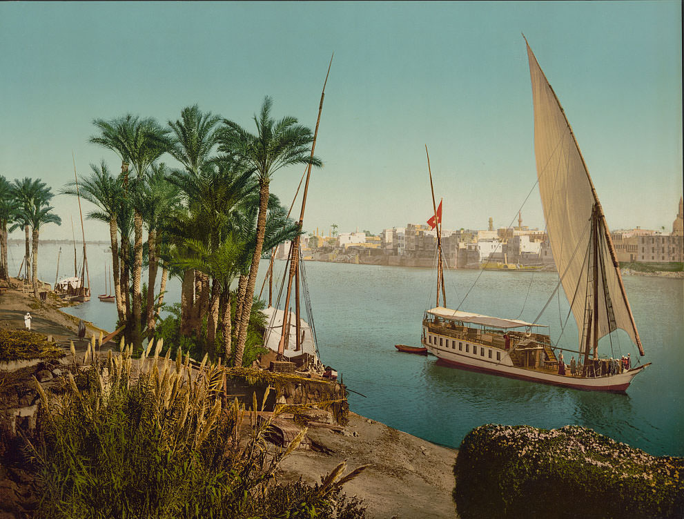 On the Nile shore near Boulac, with Dahableh making sail, Cairo, 1890s