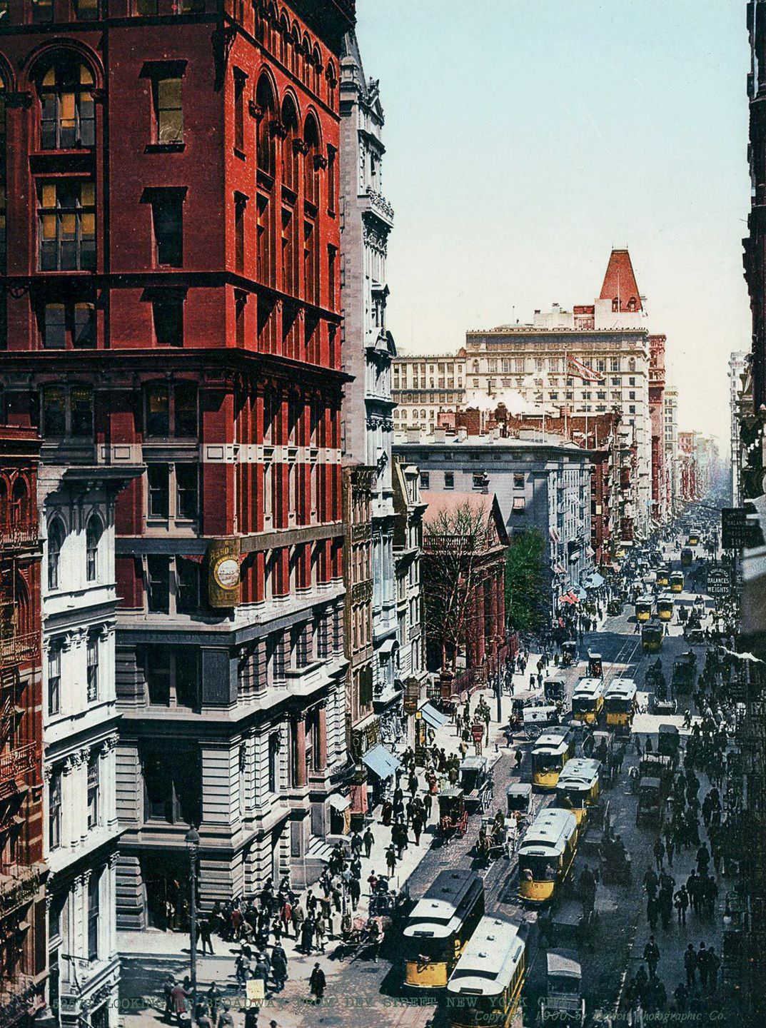 Looking up Broadway from Dey Street, 1900