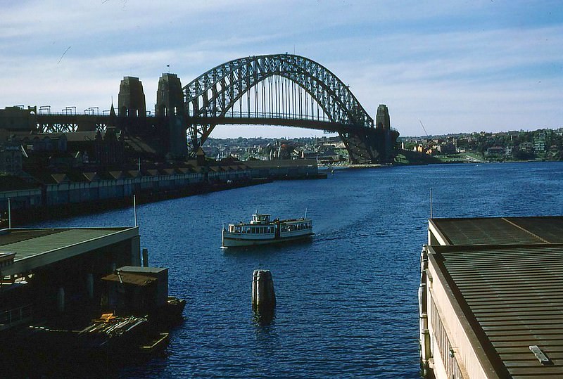 Sydney's Circular Quay and Harbour Bridge, New South Wales, 1955