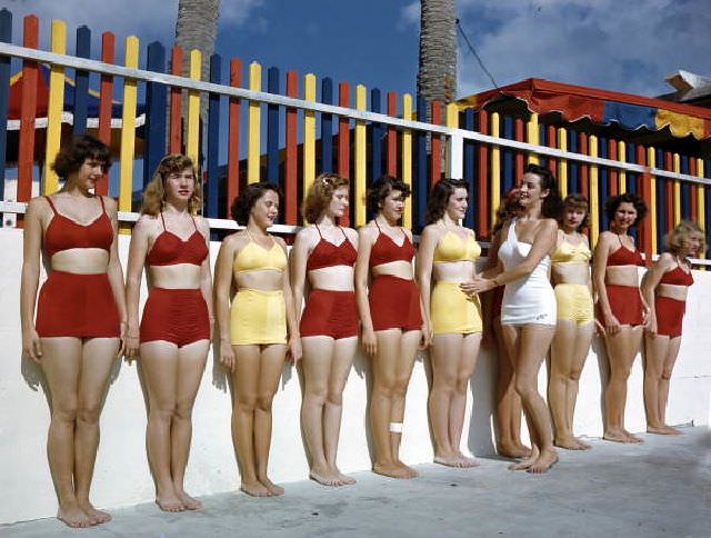 Sarasota Sun-Debs posture training class at Lido Beach, Florida, 1953