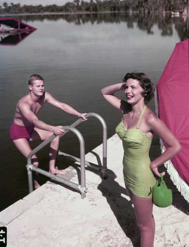 Models posing in Jantzen bathing suits at Cypress Gardens, circa 1954
