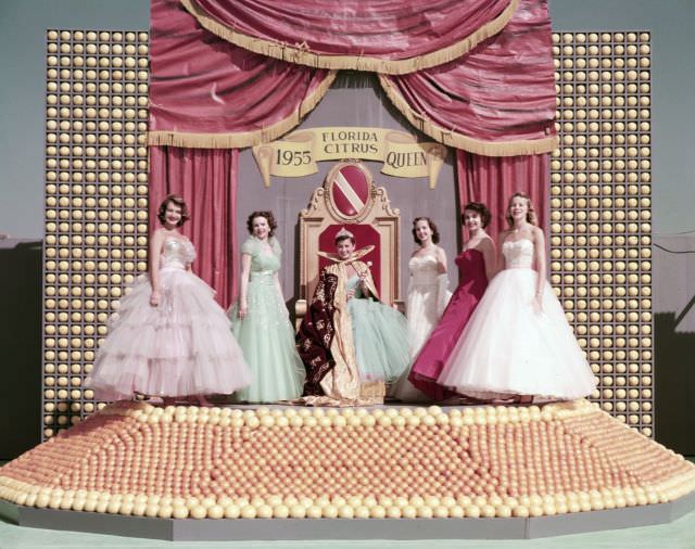 Florida Citrus Queen Sally Ardrey and her court at the Florida Citrus Exposition in Winter Haven, January 1955