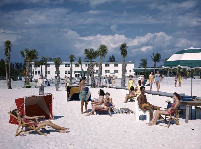 Sunbathers at Lido Beach, Florida, circa 1955