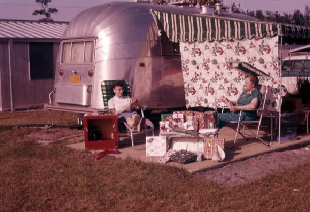 Opening Christmas presents at Lake Seminole Resort in Largo, December 25, 1957