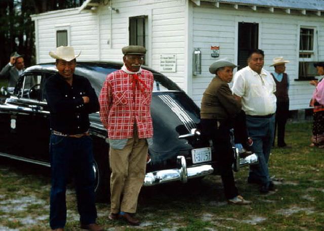Seminole men at the Dania Reservation in Hollywood, Florida, 1958