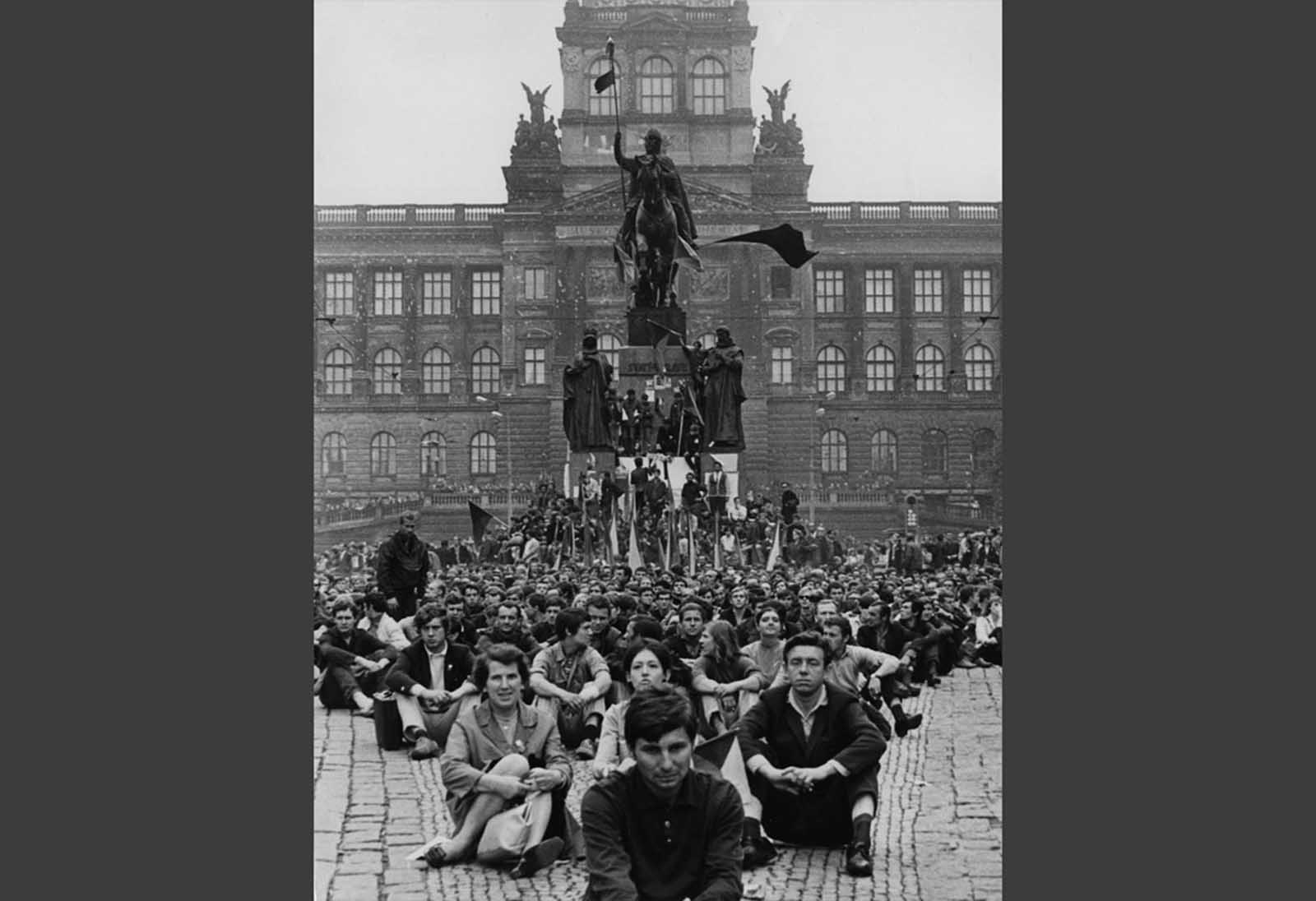 Thousands of protesters sit in Wenceslas Square, in downtown Prague, on August 24, 1968, demonstrating against the Soviet invasion