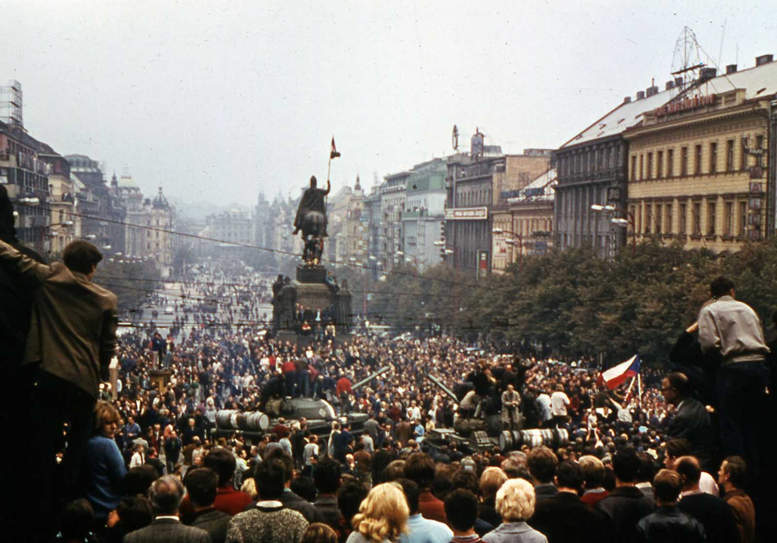 Thousands of protesters crowd into Wenceslas Square, in downtown Prague, in August 1968, demonstrating against the Soviet invasion