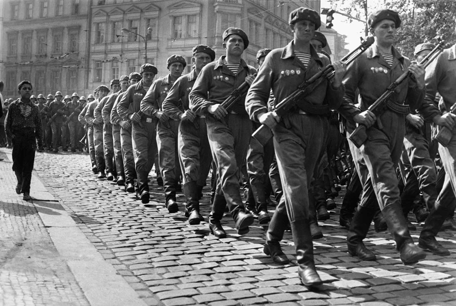 Soviet troops march through Prague in September 1968.