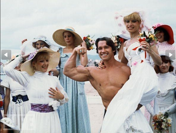Arnold Schwarzenegger finds a unique way to promote "Pumping Iron" on May 19, 1977 at the 38th Cannes Film Festival.