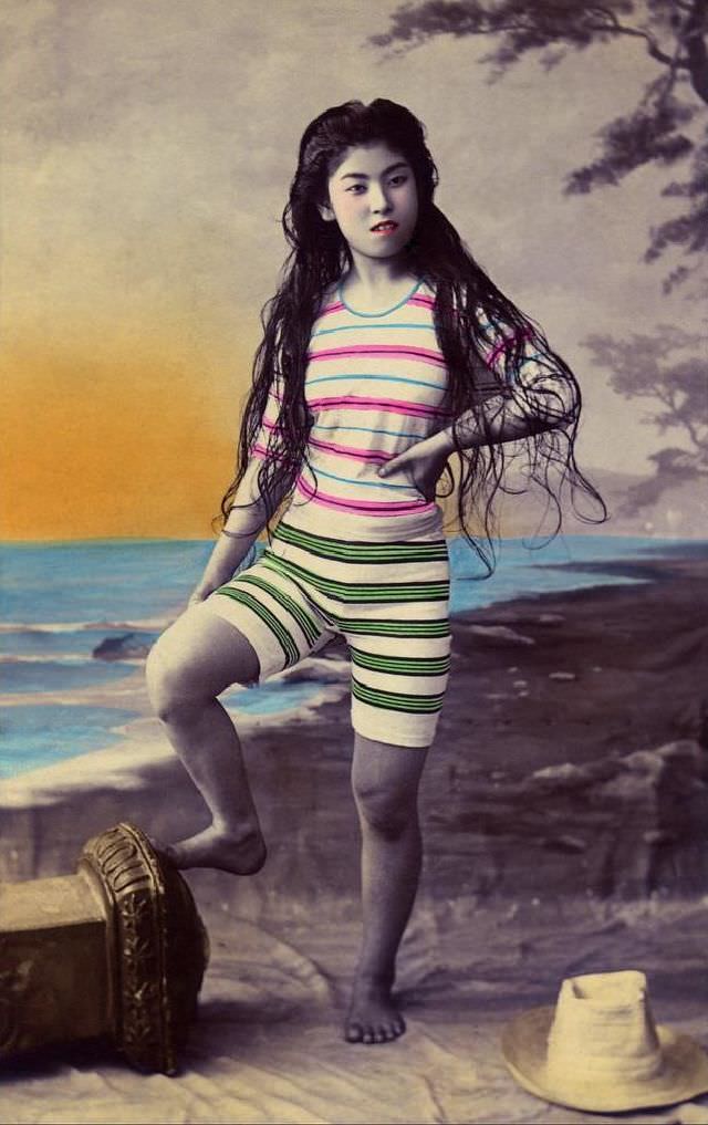 Japanese Bathing Beauties: Colorized Photos Of Young Geisha And Maiko Girls In Bathing Suits From 1868 to 1912