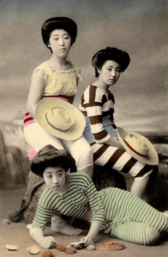 Japanese Bathing Beauties: Colorized Photos Of Young Geisha And Maiko Girls In Bathing Suits From 1868 to 1912