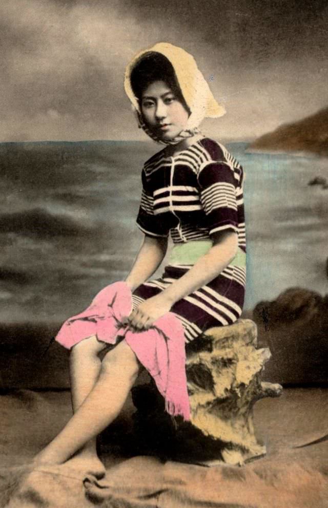 Japanese Bathing Beauties: Colorized Photos Of Young Geisha And Maiko Girls In Bathing Suits From 1868 to 1912