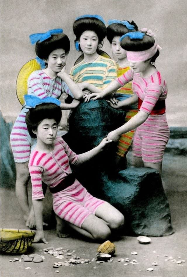 Japanese Bathing Beauties: Colorized Photos Of Young Geisha And Maiko Girls In Bathing Suits From 1868 to 1912