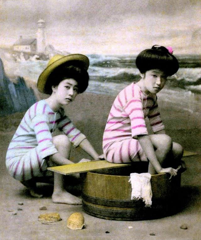 Japanese Bathing Beauties: Colorized Photos Of Young Geisha And Maiko Girls In Bathing Suits From 1868 to 1912