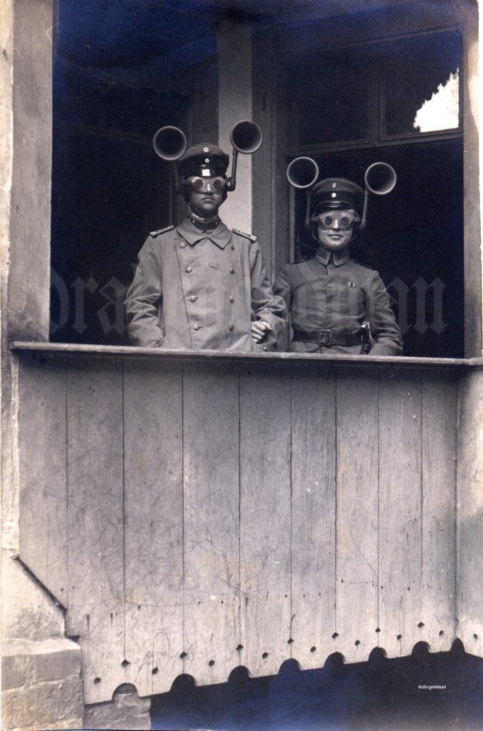 A junior officer and NCO from an unidentified Feldartillerie regiment wearing a portable sound locating apparatus, c. 1917