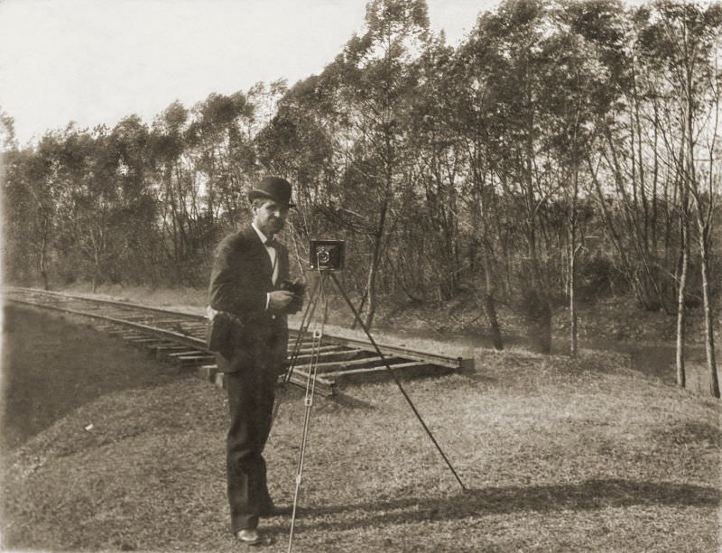 A photographer possible taking a picture of the first Rail Road tracks being laid in Greenville, Texas
