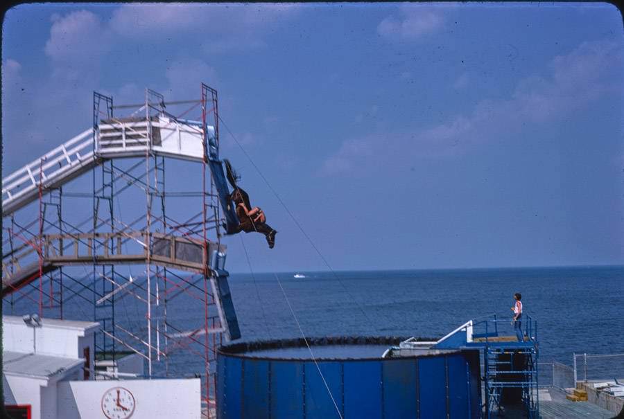 A horse takes a practice dive at Atlantic City's Steel Pier park. 1978.