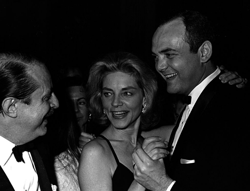 Lauren Bacall and David Merrick attend 21st Annual Tony Awards Party at Sardi's Restaurant, New York City, March 1967.