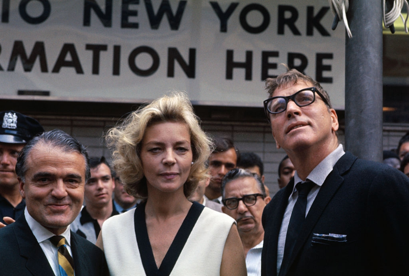 Burt Lancaster, Lauren Bacall and Jack Valenti gathered in Times Square to salute the increase in movie making in New York, July 1967